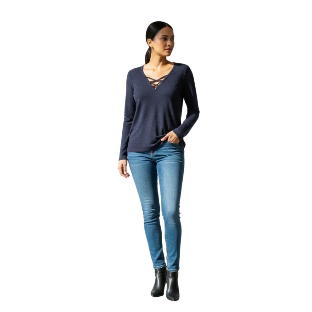 Anthropologie eri + ali Women’s Lace-Up Long Sleeve Top‎ Navy Casual – Size M